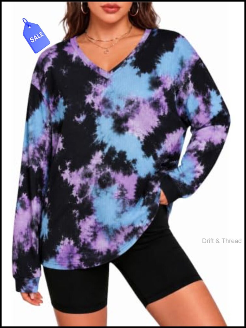 Waffle Knit Long Sleeve Tie Dye Blouse Loose Fit Women Casual Fall Top